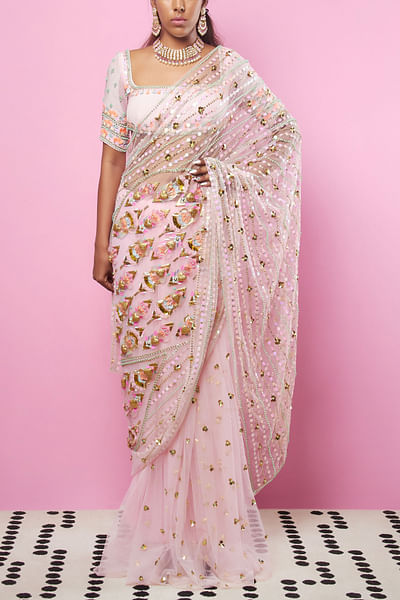 Pink 3D detail pre-stitched saree set