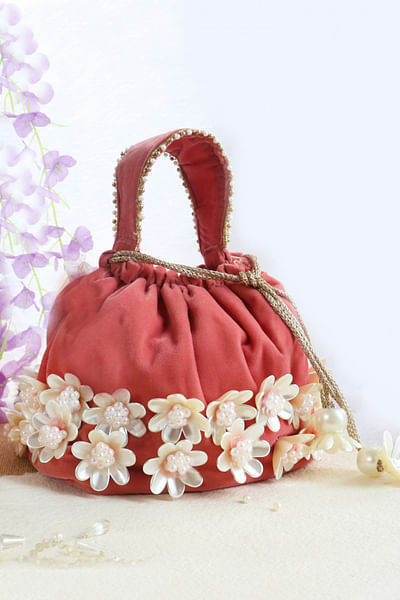 Pink 3D floral embellished bucket bag