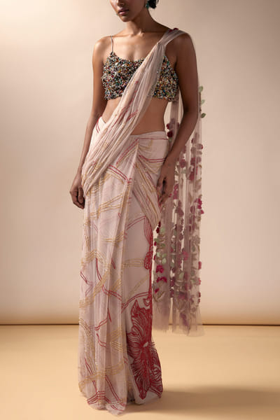 Pink 3D floral embellished tulle sari set