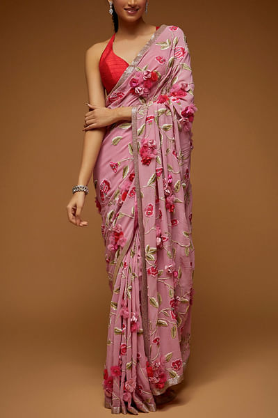 Pink 3D flower embellished sari set
