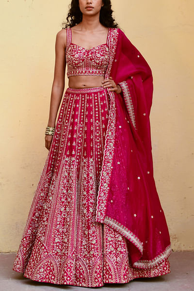 Pink aari and zardozi embroidered lehenga set