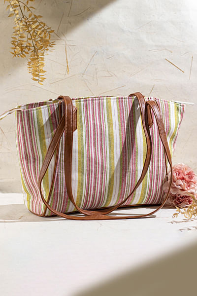 Pink and brown striped tote bag