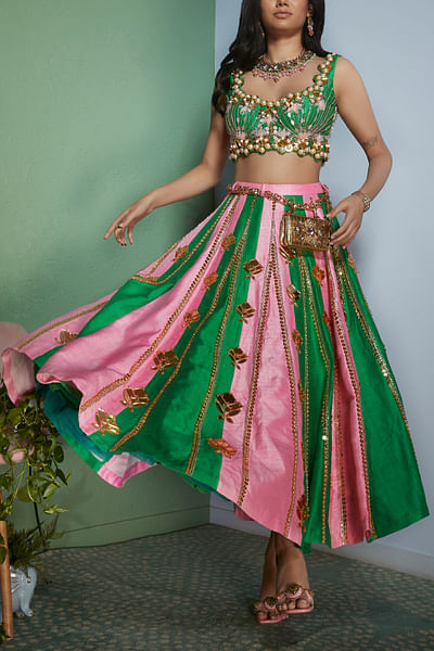 Pink and green 3D detail short lehenga set