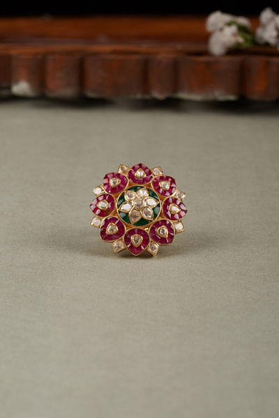 Pink and green floral moissanite polki ring