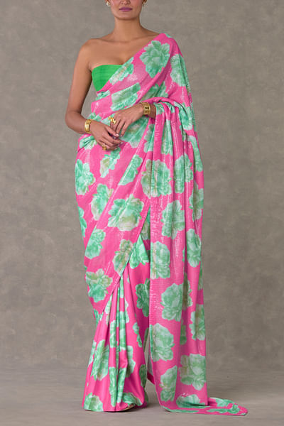 Pink and green floral print sari set