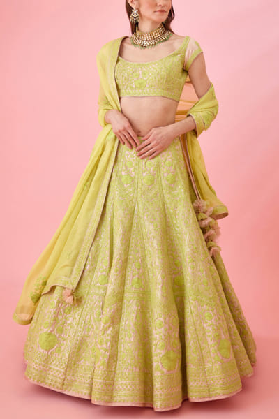 Shyam Narayan Prasad Pink and green thread embroidered lehenga set SNPMAY09