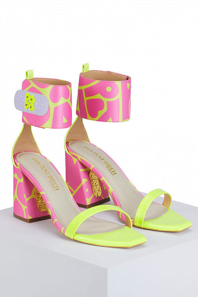 Pink and neon letter print block heels