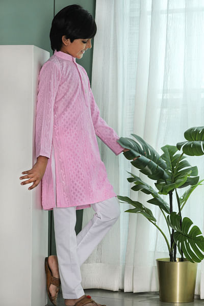 Pink and white chikankari embroidered kurta set