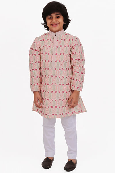 Pink and white ikat kurta set