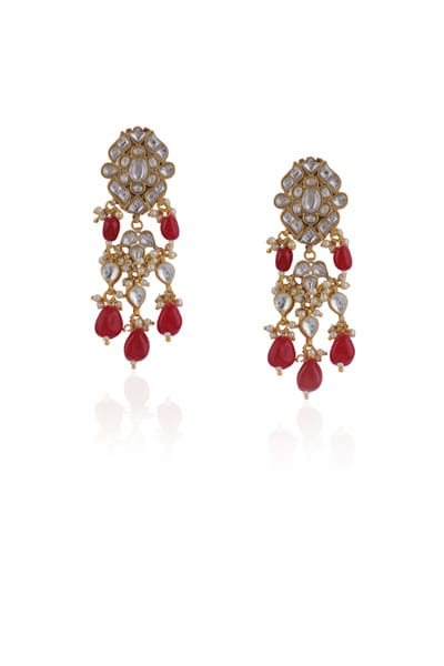 Pink and white jadtar and semi-precious stone studded earrings