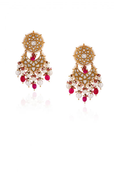 Pink and white jadtar stone and pearl earrings