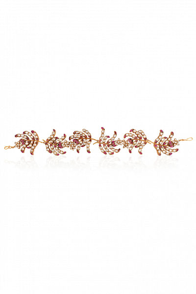 Pink and white leaf jadtar stone hairband