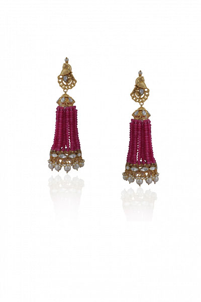 Pink and white tasselled crystal bead and jadtar studded jhumkas