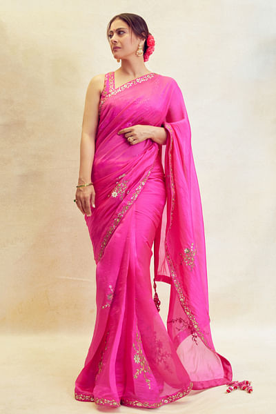 Pink applique patra work sari set