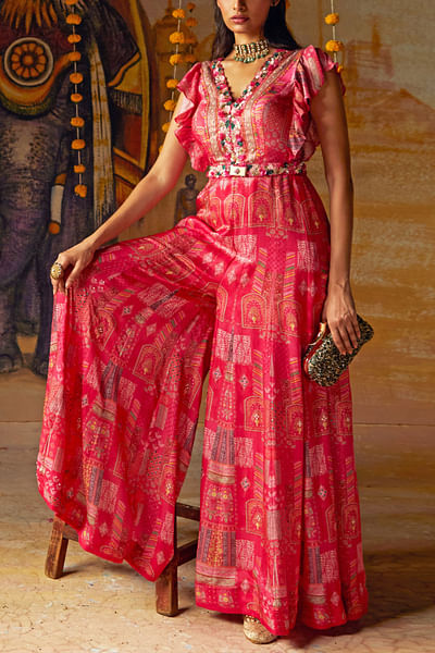 Pink artisanal printed flared jumpsuit and belt