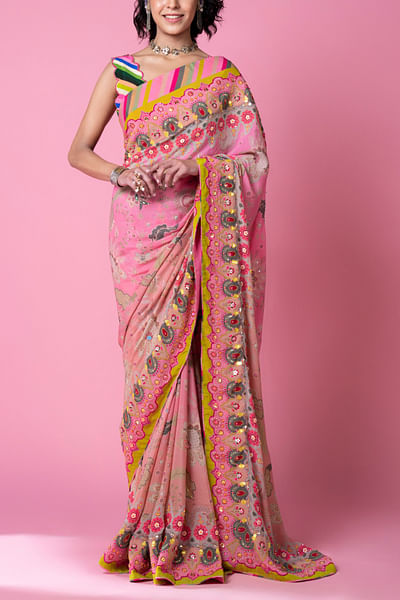 Pink artsy floral print sari set