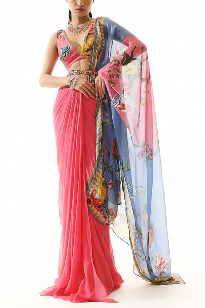 Pink artsy print georgette sari set