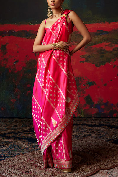 Pink banarasi silk saree set