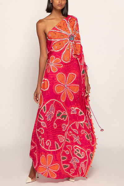 Pink bandhani print asymmetric kaftan