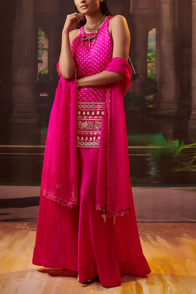 Pink bandhani print kurta and sharara set