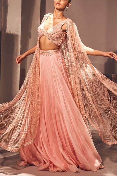 Pink bead and sequin embroidered cape set