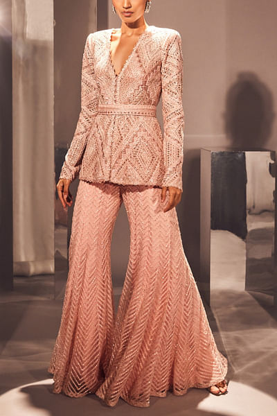 Pink bead and sequin embroidered sharara set