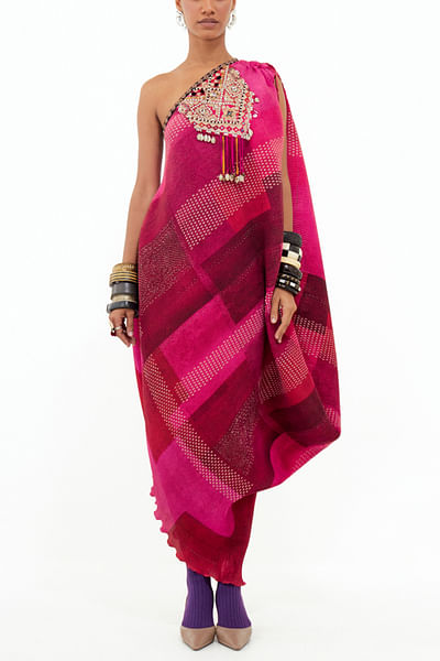 Pink boho print one-shoulder dress