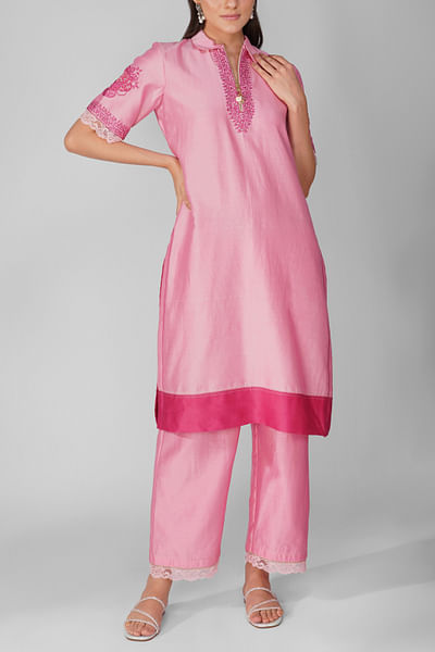 Pink chanderi tunic and pant set