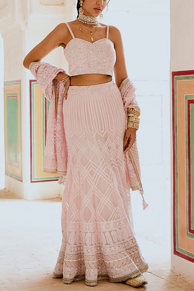 Pink chikankari embroidered kali lehenga set