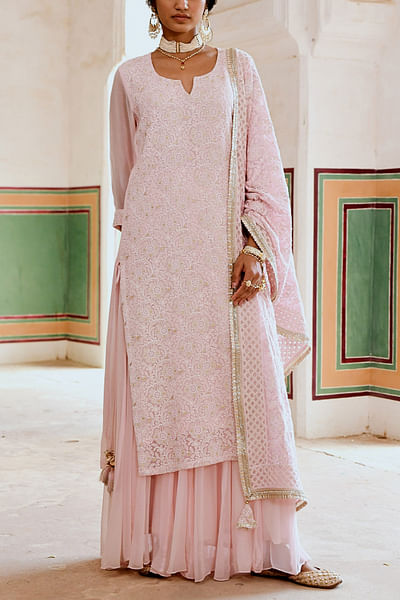 Pink chikankari embroidered kurta and gharara set
