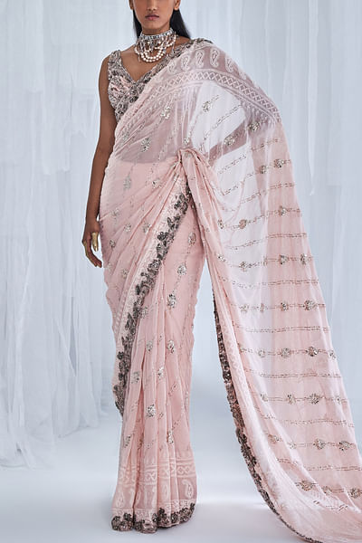 Pink chikankari embroidery saree set