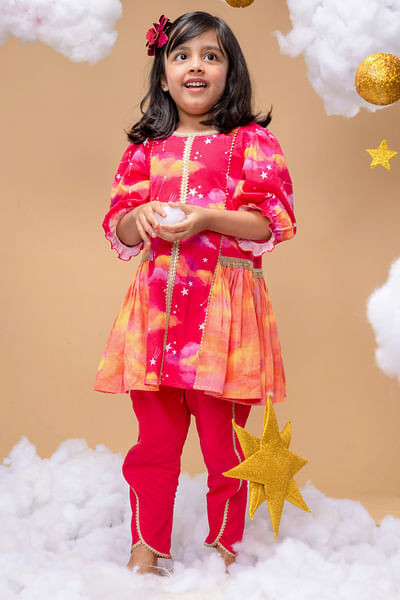 Pink cloud and star printed kurta set