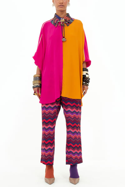 Pink colour block shirt and chevron print pant