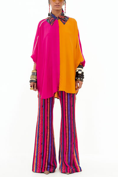Pink colour block shirt and stripe print pant