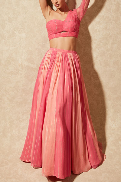 Pink colour blocking linear panelled skirt set