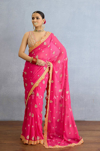 Pink dabka and badla embroidered sari set