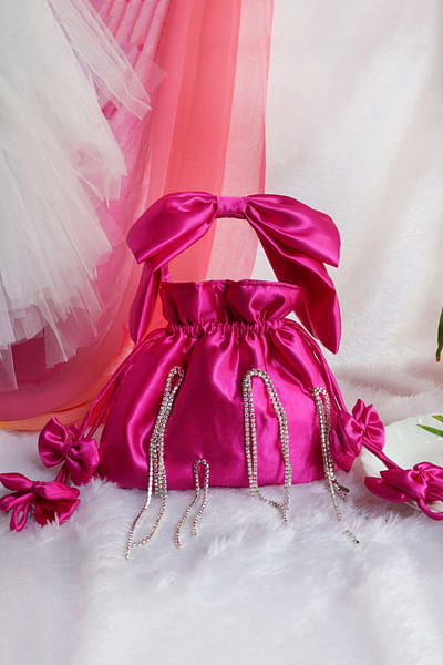 Pink diamond embellished kids potli bag