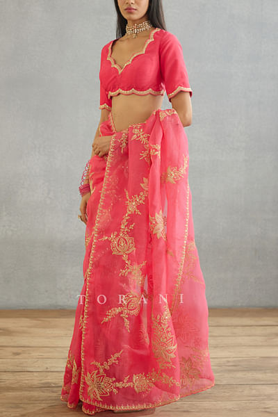 Pink dori embroidered raw silk blouse