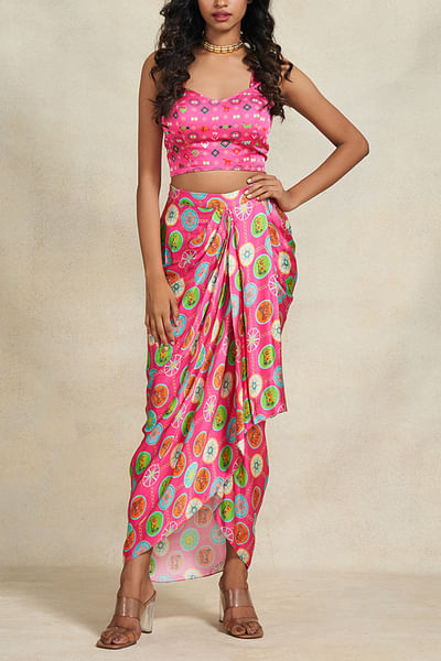 Pink elephant print sarong draped skirt