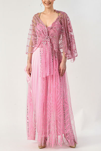 Pink embellished cape and jumpsuit