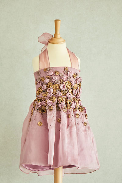 Pink embroidered halter neck dress