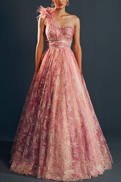 Pink embroidered one-shoulder gown