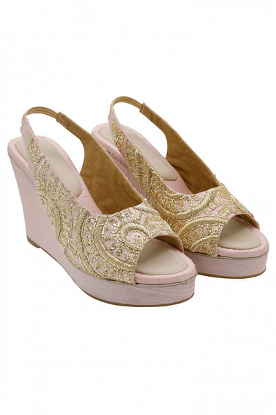 Pink embroidered peep toe wedges