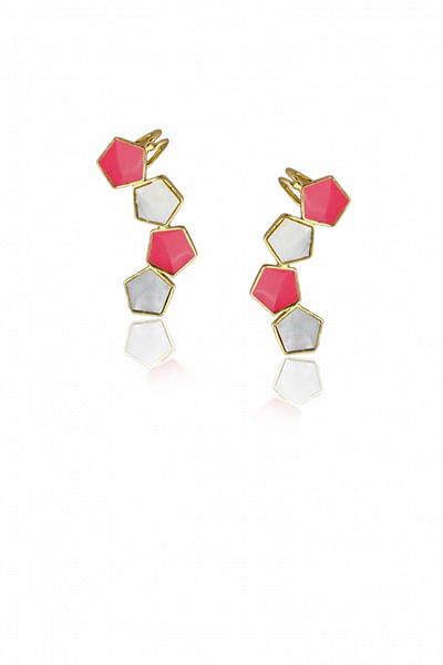 Pink enamel and pearl cuff earrings
