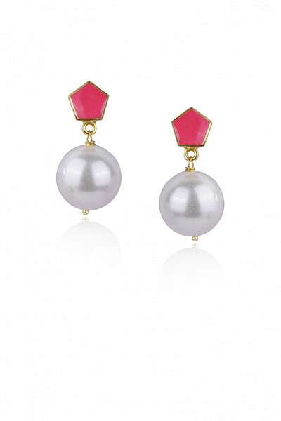 Pink enamel and pearl drop earrings