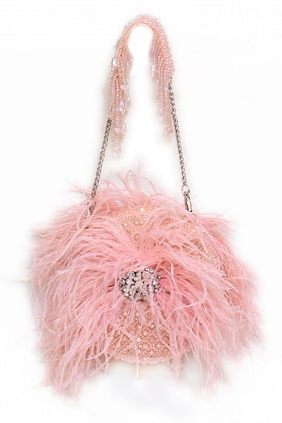 Pink feather and crystal embellished clutch