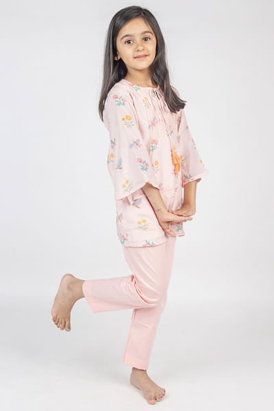 Pink floral and dragonfly print kurta set