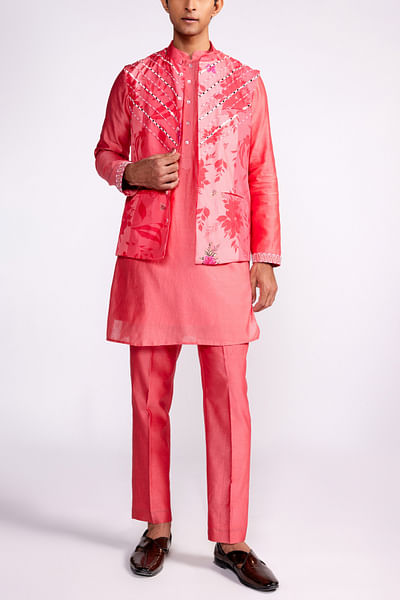 Pink floral and leaf print Nehru jacket