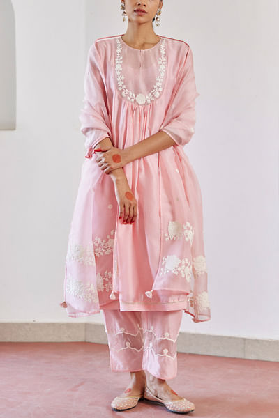 Pink floral cord embroidered kurta set