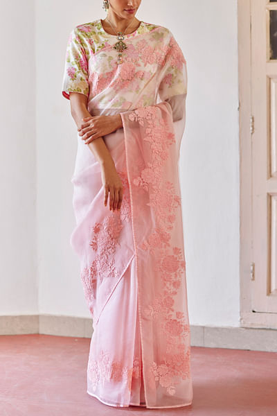 Pink floral cord embroidered sari set